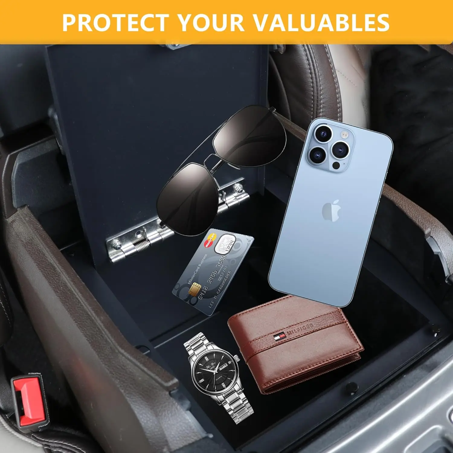 Center Console Organizer Tray Gun Safe Lock Box Compatible with 2017 2018 2019 Ford F150 Armrest Vault Insert Storage with 3 Dig