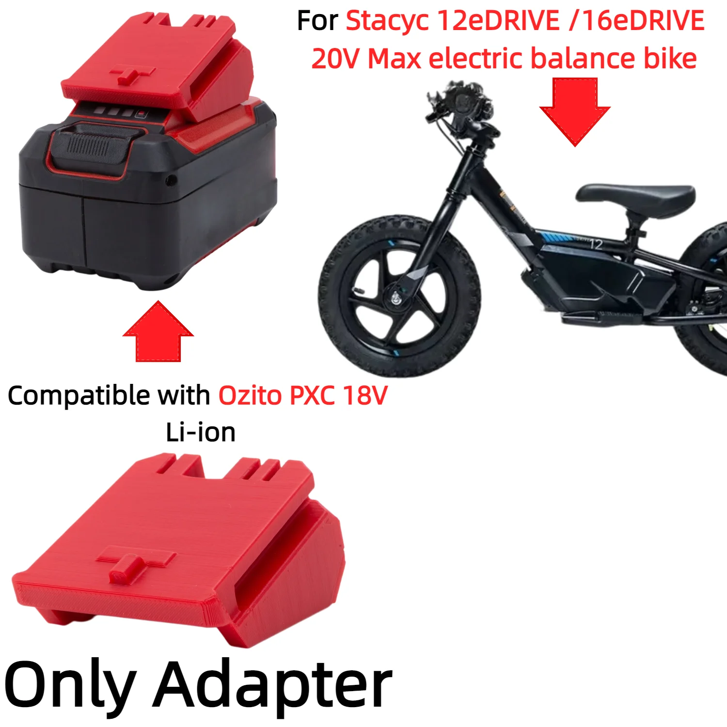 Battery Adapter/Converter for Ozito PXC 18V Series Li-ion Battery To Stacyc 12eDRIVE /16eDRIVE 20V Max Electric Balance Bike