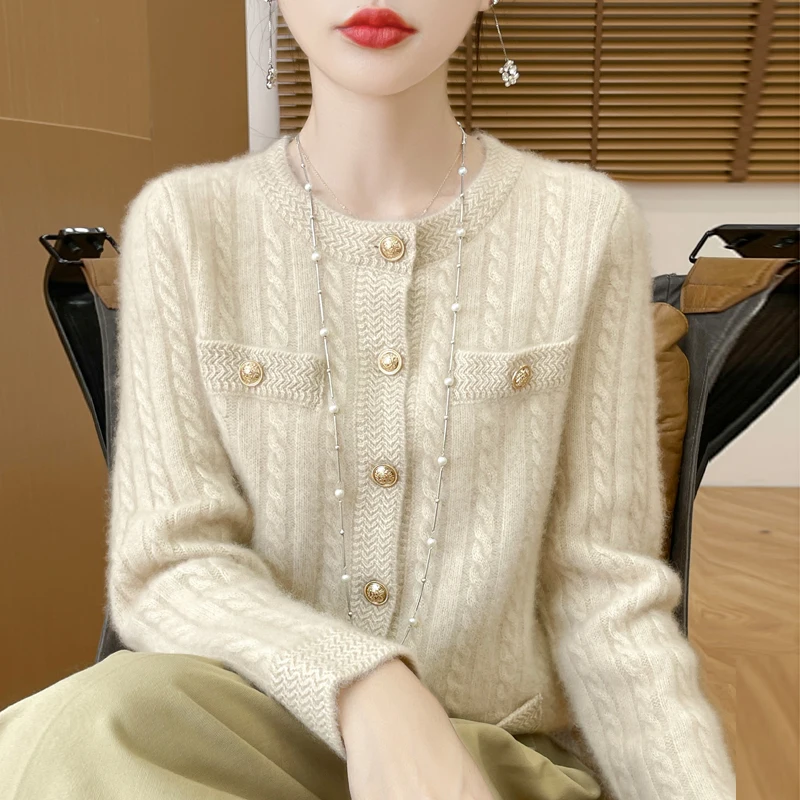 Women\'s Cardigan Autumn/Winter 100% Pure Wool Sweater Casual Knitted Sweater Round Neck Loose Tops All-match Button Blouse