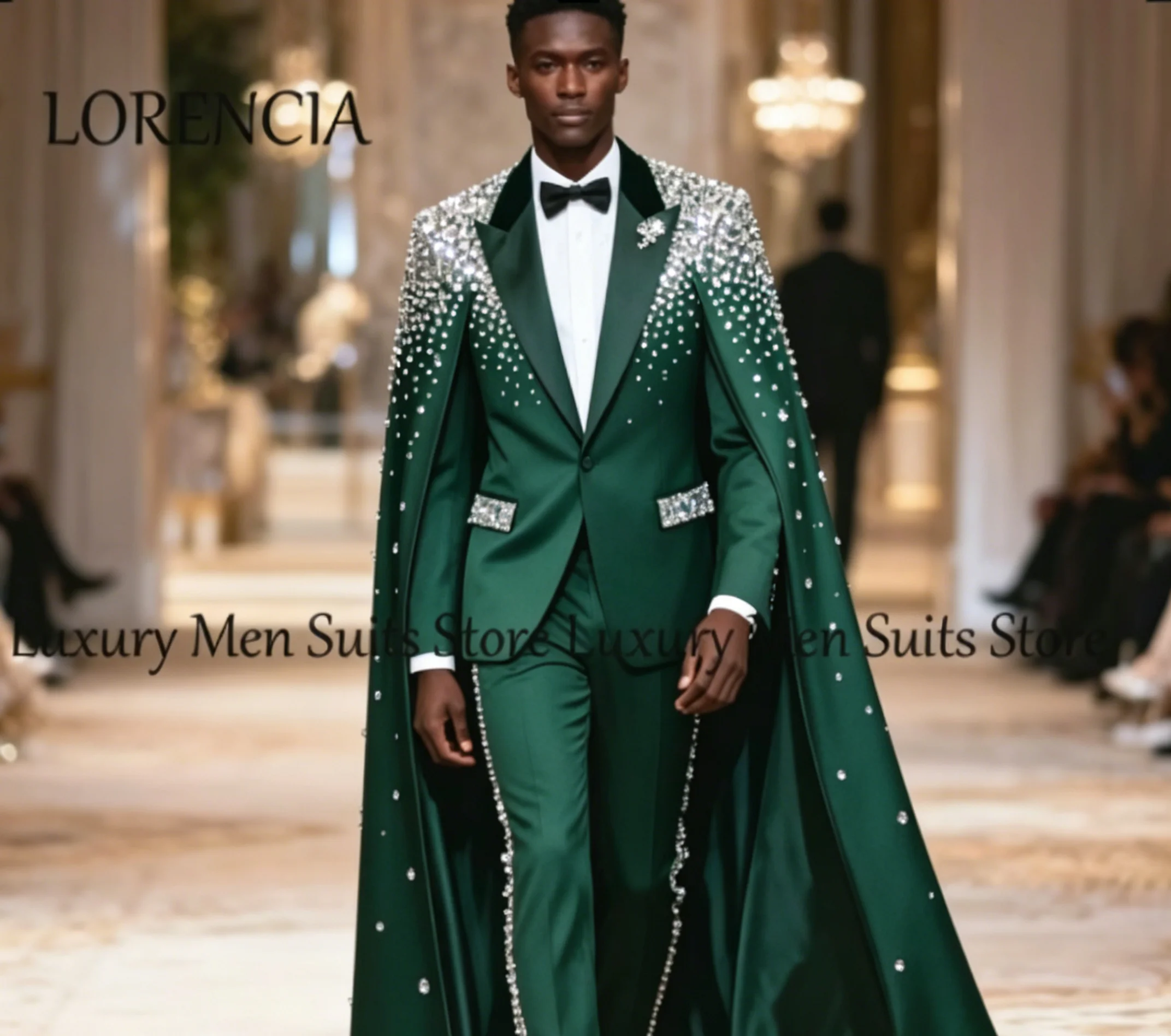 Luxury Diamond Men Suits 2 Pcs Sparkling Crystal Tuxedos with Cloak Wedding Party Outfit Customized Blazer Pants costumes homme