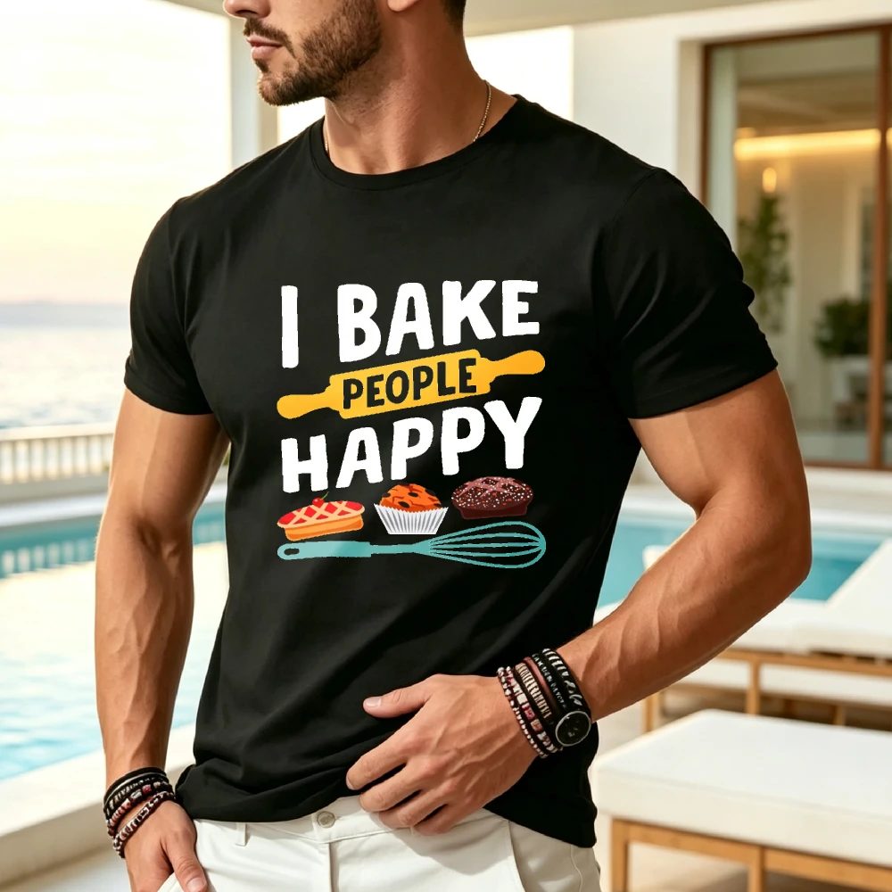 Funny Baking Chef T-Shirt for Men & Women I Bake People Happy Slogan with Cupcake & Spatula Graphic - Yellow Lettering - Casual Round Neck Short Sleeve Tee - Baking Enthusiast Gift, Comfortable, Regular Fit, Plus Size