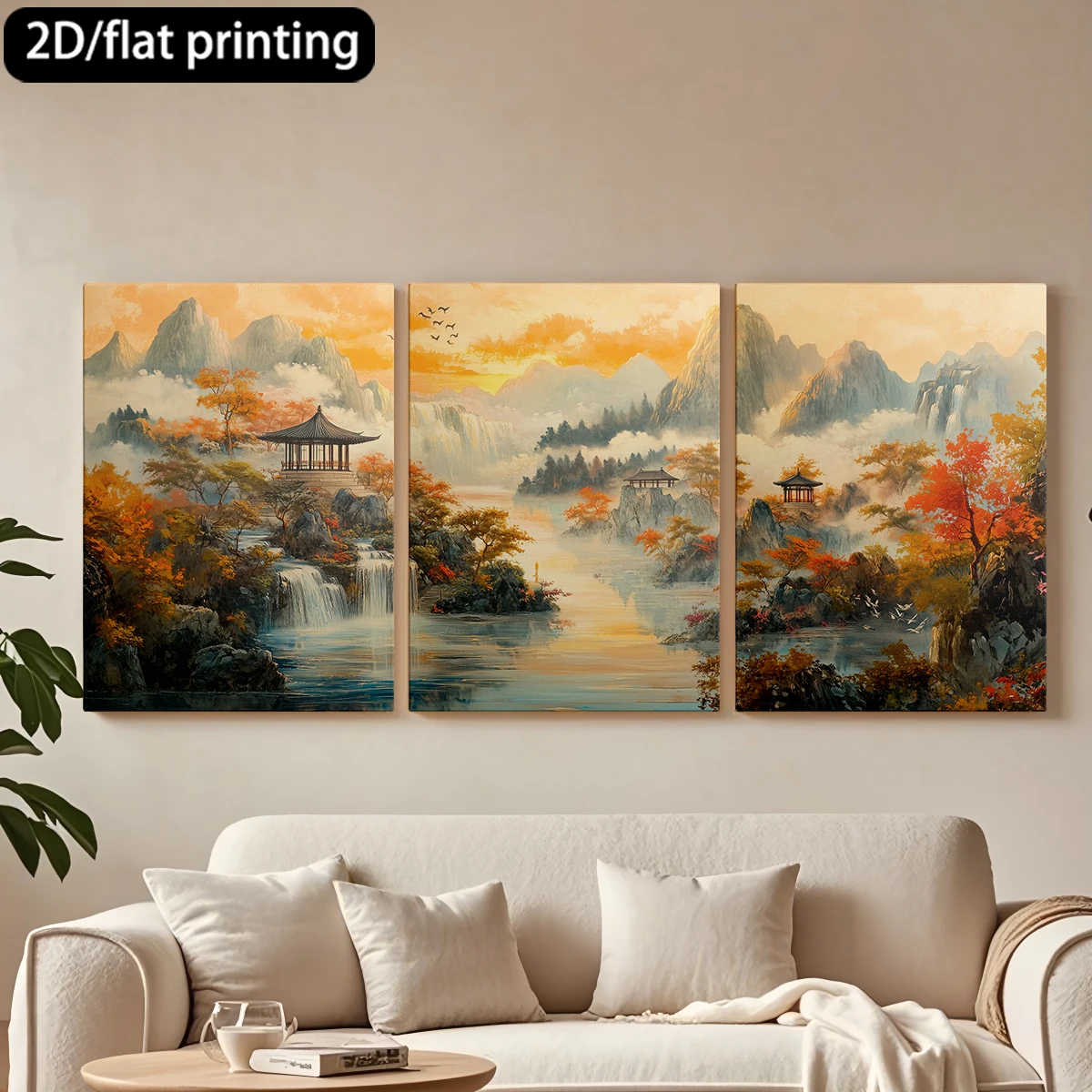 

Набор из 3 картин на холсте в деревянной раме: китайский пейзаж, горы, вода. Декор для коридора и спальни.