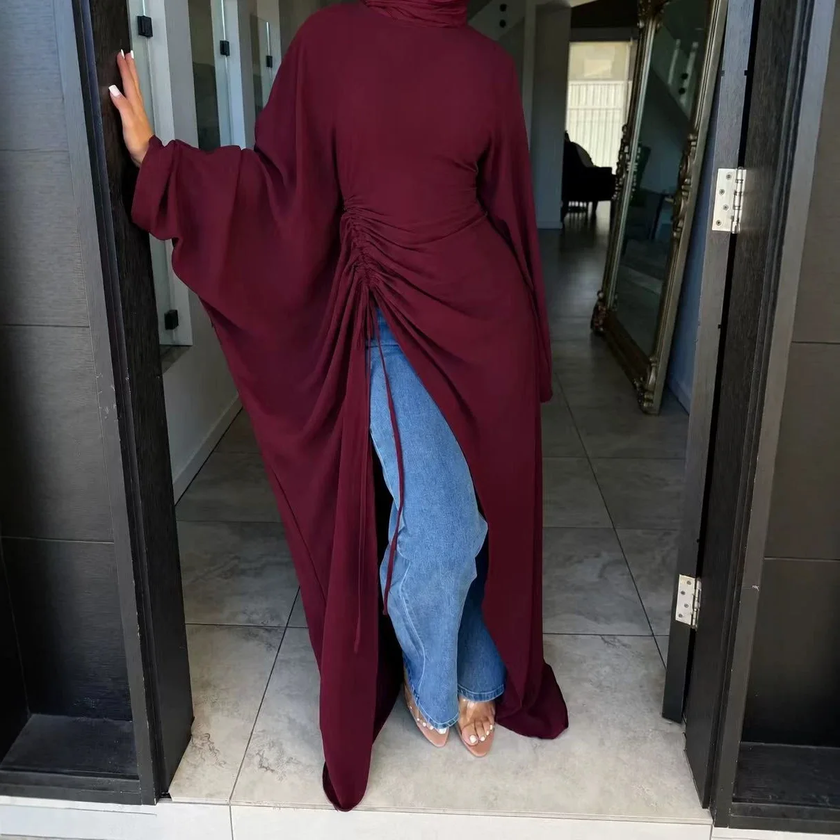 Eid Long Top Women Muslim Blouse Drawstring Lace Up Batwing Sleeve Ramadan Morocco Robe Dubai Islam Modest Tops Autumn 2026