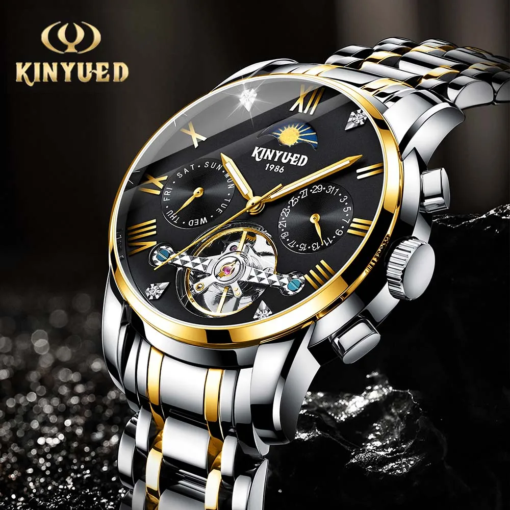 KINYUED Top Brand Men's Automatic Movement Watches Luxury Stainless Steel Mechanical Watch for Men Luminous Skeleton Dial Watch