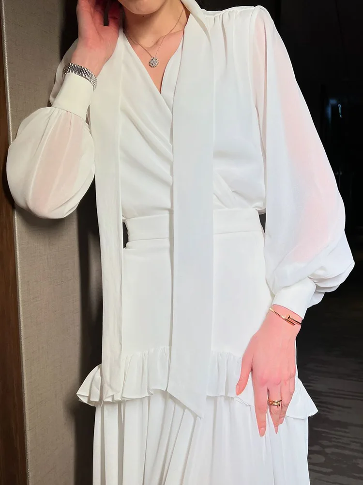 

Весенне-осенний однотонный шифоновый наряд с рюшами, женский сексуальный топ с v-образным вырезом и завязками, пуловер и юбки в стиле бохо, элегантный свободный костюм с длинными рукавами