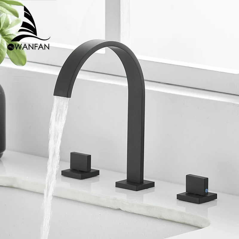 Black Basin Faucets Brass Polished Deck Mounted Square Bathroom Sink Faucets 3 Hole Double Handle Hot And Cold Water Tap LT-109R