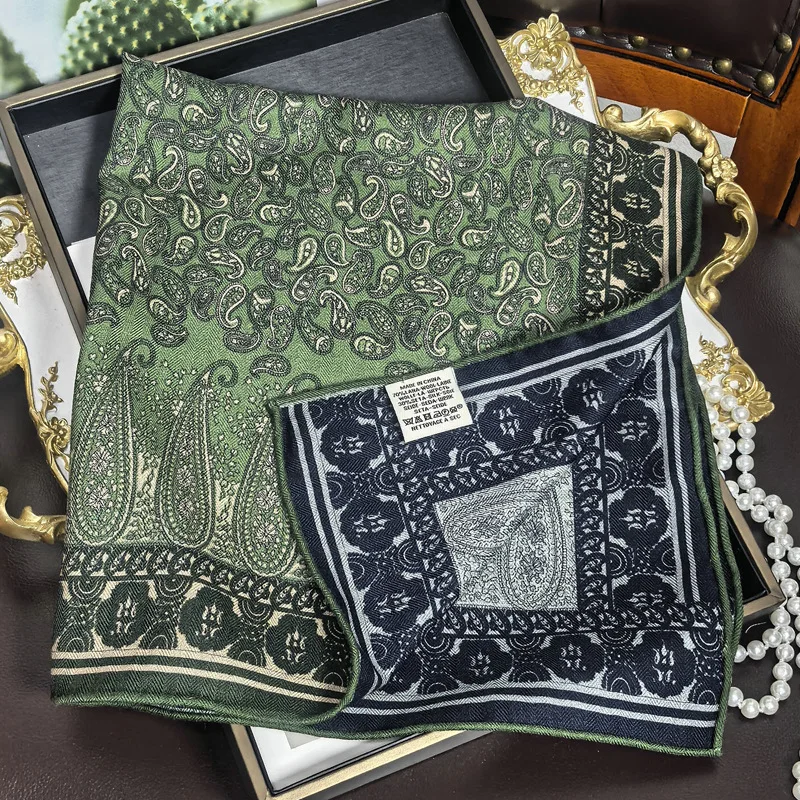 

70% Wool 30% Silk Bandana Scarf for Women 2026 Spring Silk Wool Green Paisley Print Neck Scarves Double-Sided Neckerchief