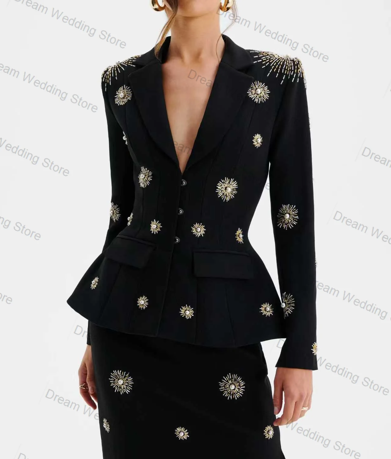 المرأة البدلة تنورة مجموعة 2 قطعة السترة فستان حفلة موسيقية بلورات فاخرة مكتب رسمي سترة حريمي مخصصة ضيف حفل زفاف معطف #5