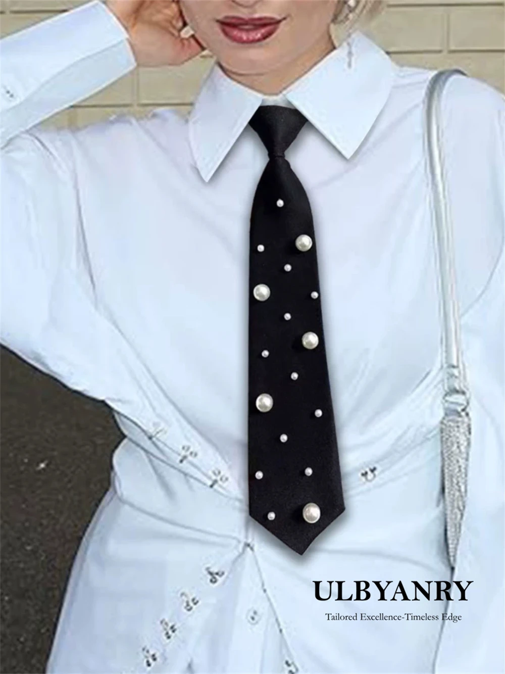 Pearl Embellished Necktie Fashion Statement for Party Daily Casual Wear Decorative Necktie Shirt Dress Jacket Costume Accessory