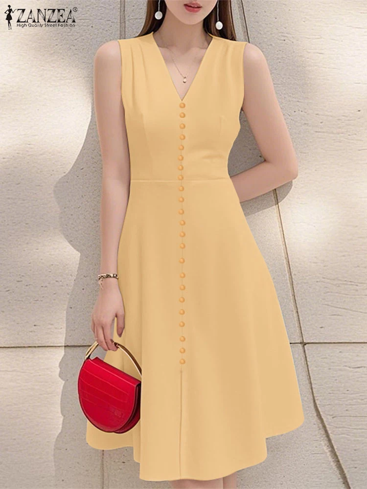 2025 ZANZEA vestido de verano para mujer, vestido veraniego OL de trabajo a la moda, Vestidos elegantes sin mangas con cuello en V, Vestidos de fiesta sólidos, bata Sarafans