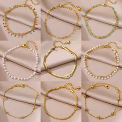 Stainless Steel Anklets for Women Summer Beach Accessories Imitation Pearl Chain Anklet Gold Color Leg Bracelets Bodychain Gifts
