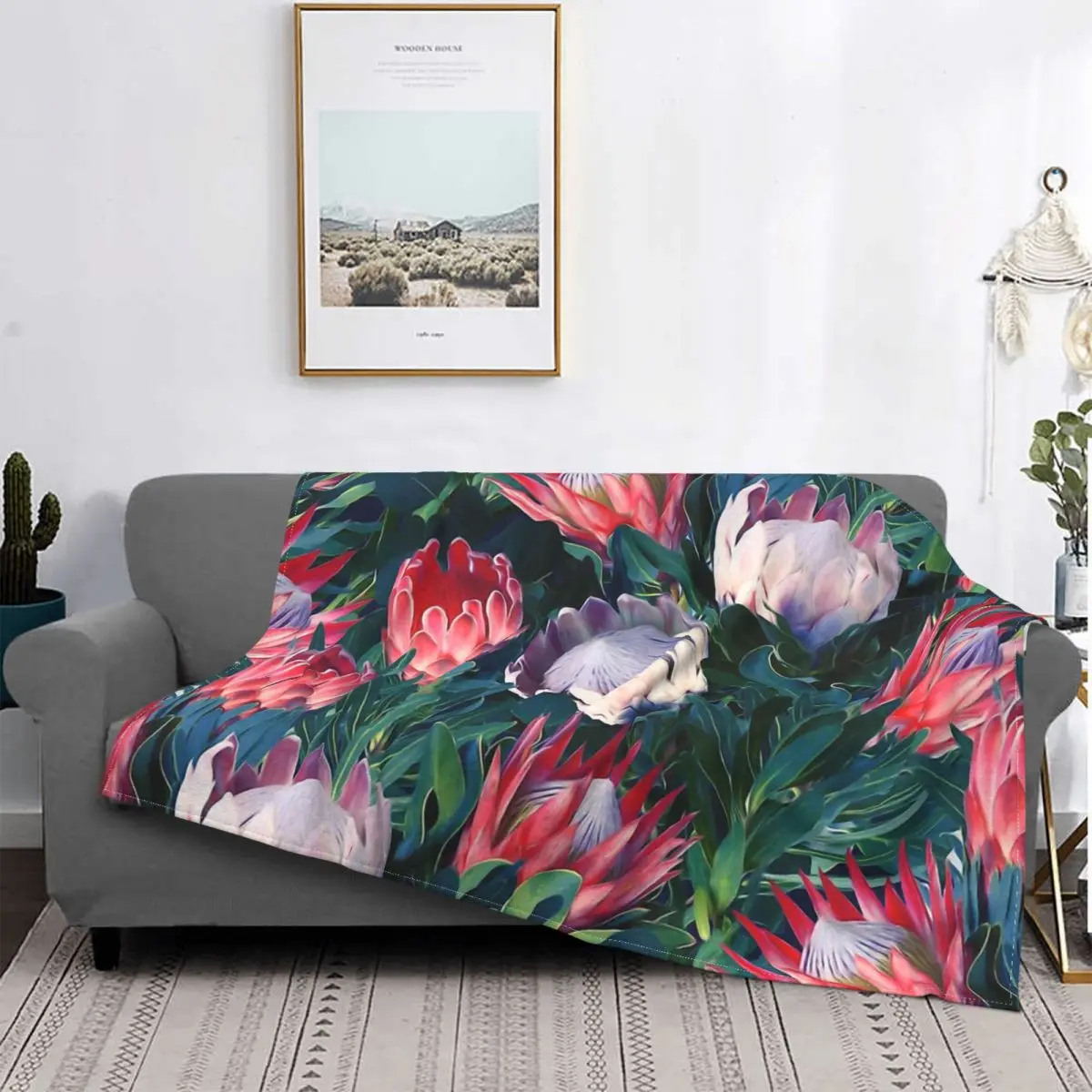 Lush Proteas Botanical With Blue Green Leaves Blanket Protea Fleece Plush Lightweight Thin Throw Blankets For bed Rug Piece