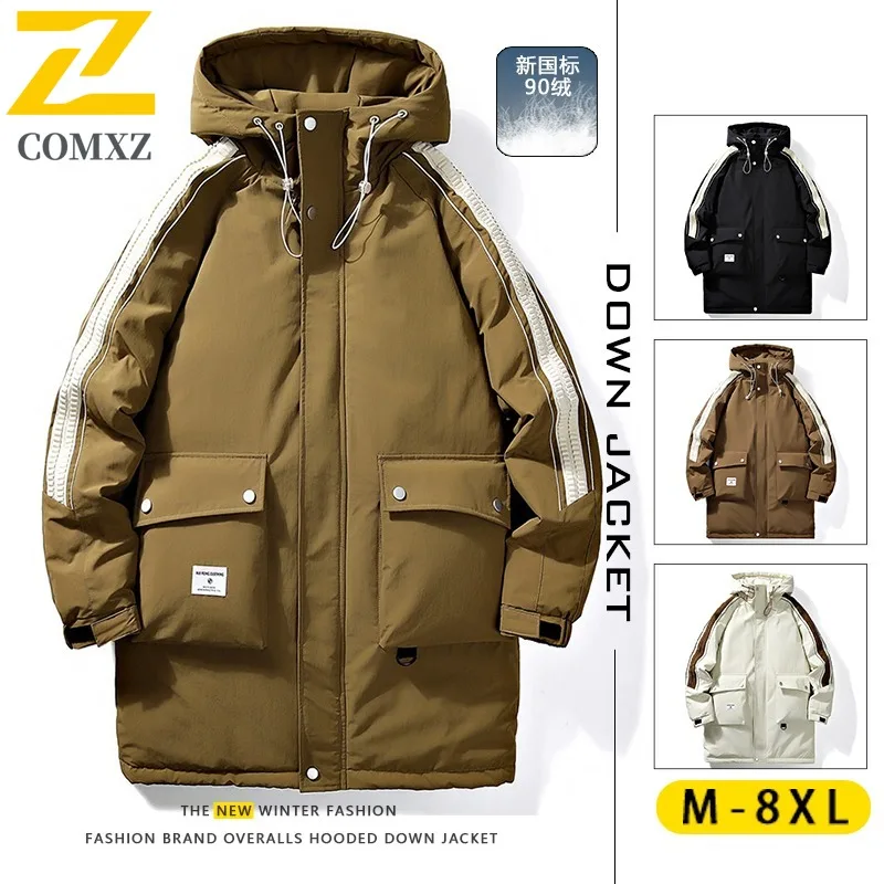 COMXZ الشتاء الرجال منتصف طول كبير الحجم أسفل سترة جديدة المعايير الوطنية 90% الأبيض بطة أسفل مقنعين تسلق بدلة رياضية في الهواء الطلق