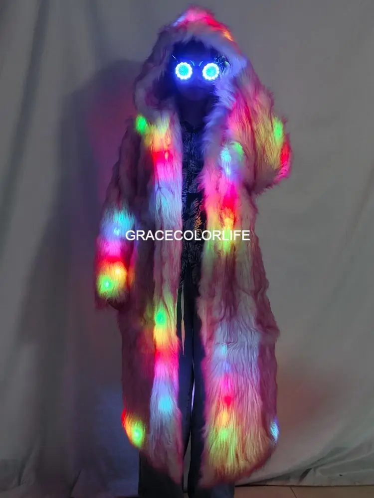 Women's Light Up LED Faux Fur Coat Rave Party Costume Club Performance Jacket Plus Size