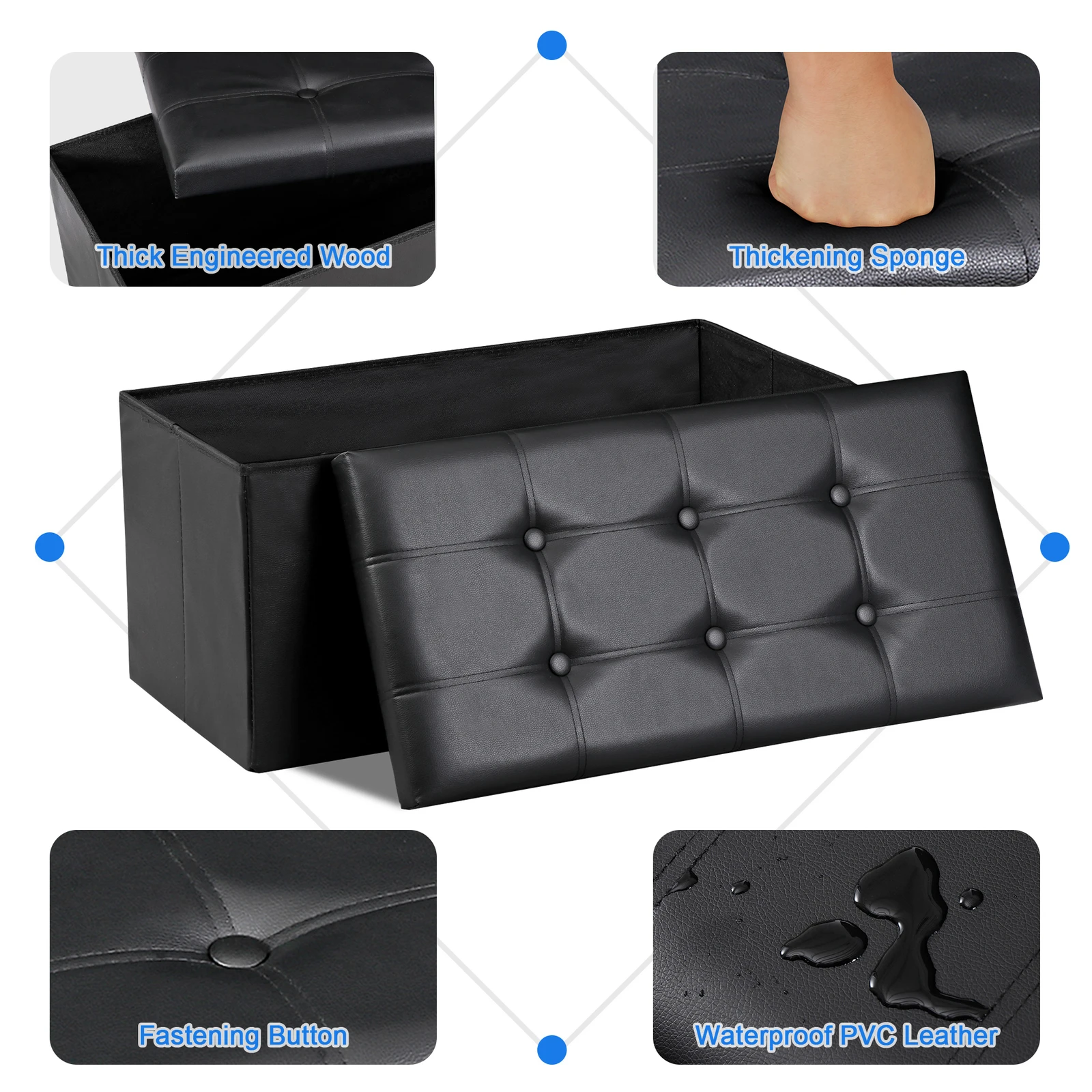 30" Folding Storage Ottoman Bench Storage Chest Footrest with Padded Seat Black
