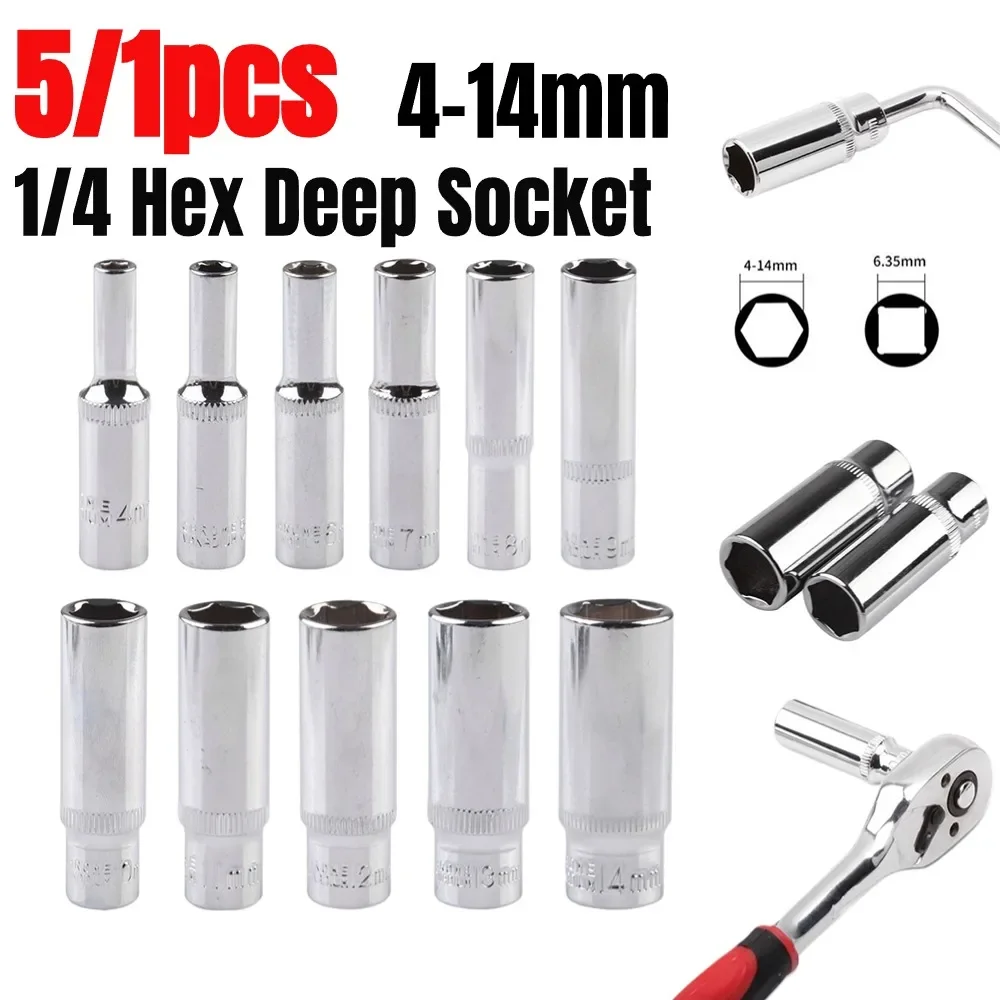 

5-1pcs 4-14mm Deep Socket 1/4inch Hex Socket Impact Drivers Ratchet Wrench Drive Sockets Adapter Hand Repair Tools