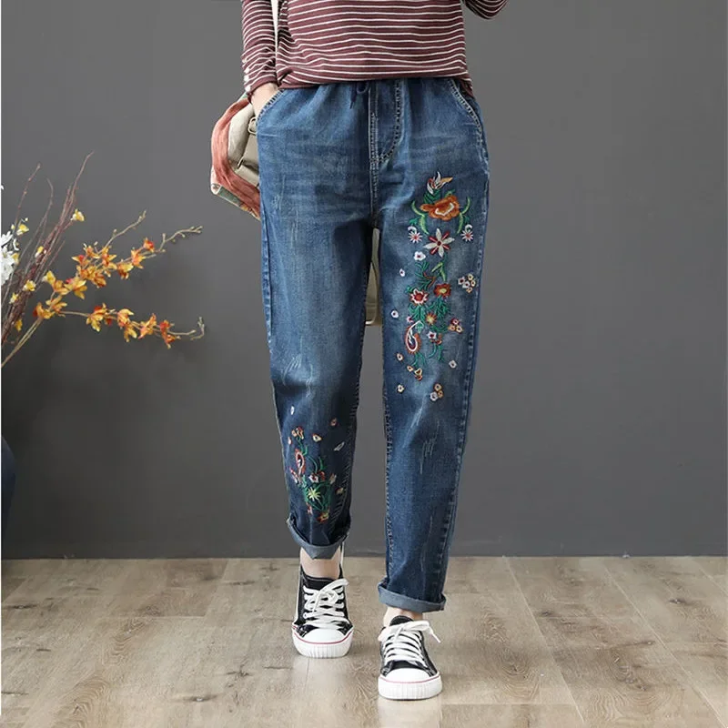 2024 Spring New Embroidery Jeans Women Clothing Elastic Streetwear Loose Denim Pants Vintage High Waisted Baggy Mom Jeans Q5759