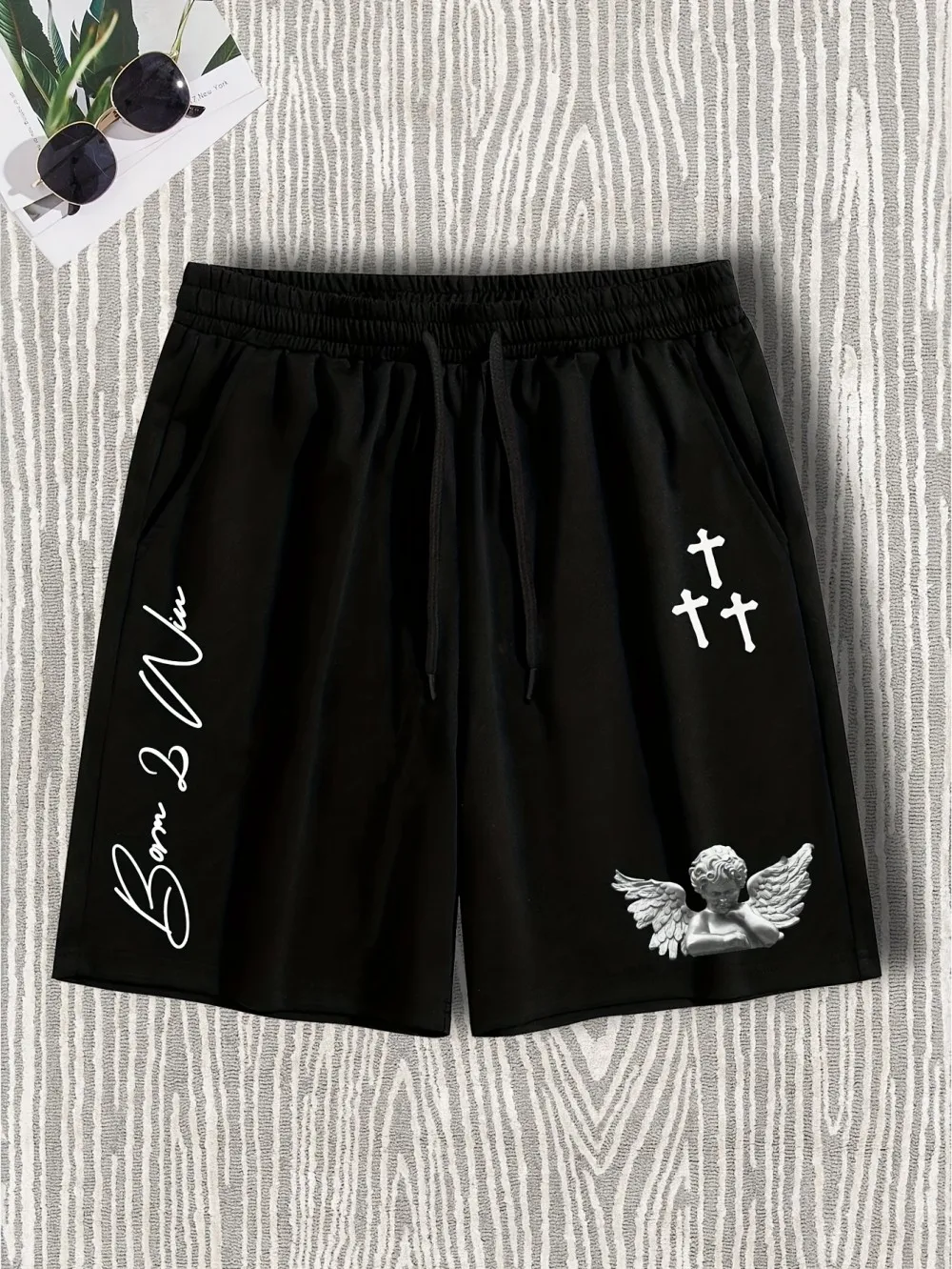 American Men's Summer Gothic Angel Letter Printed Comfortable Breathable Drawstring Shorts Outdoor Casual Pants