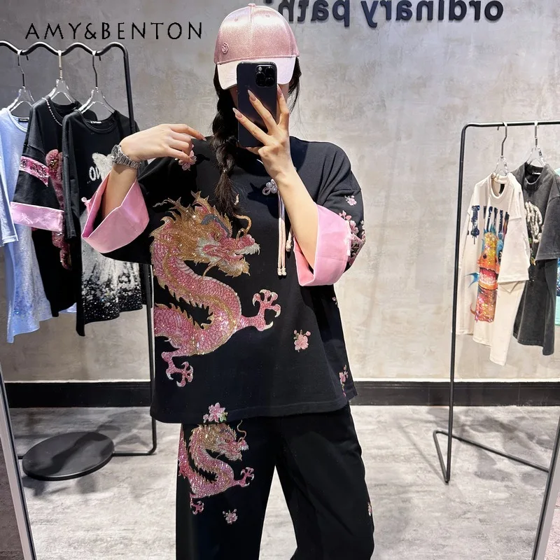 Chinese Style Light Luxury Rhinestone T-shirt Women's Advanced Longteng Pattern Heavy Industry Wide Leg Pants Two-Piece Set Suit