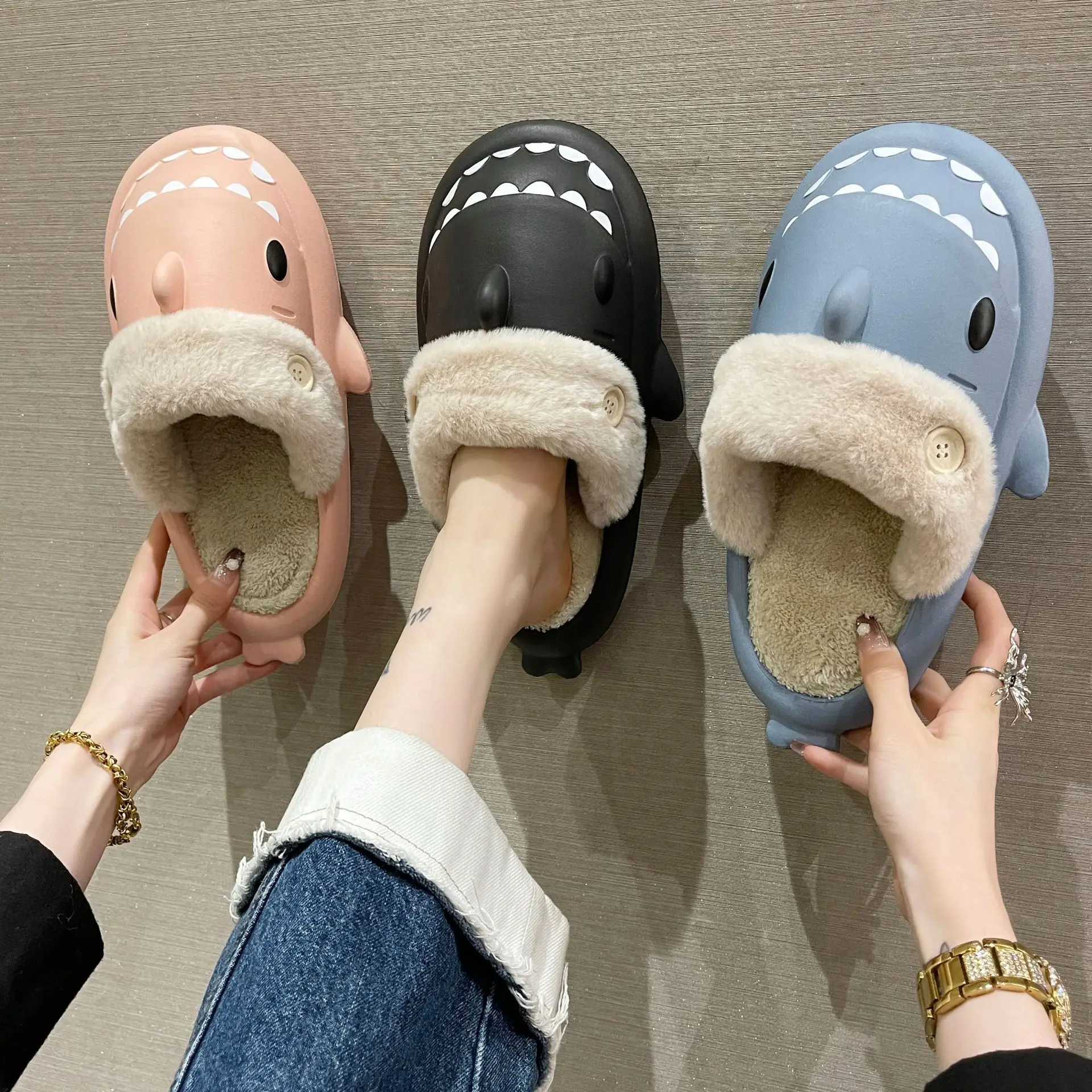 Shark Cotton Slippers Woman Waterproof Winter Indoor Non-slip Slides Plush Home Warm Couple Shark Flip Flops Sandals Flat Shoe