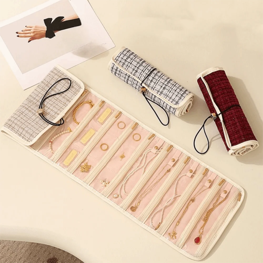 

Foldable Travel Jewelry Storage Box Roll Style Multi-layer Foldable Jewelry Bag Zipper Closure Jewelry Storage Bag