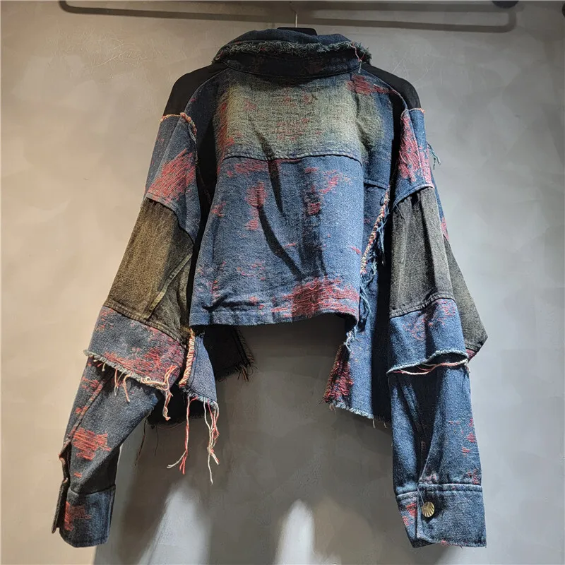 WTHT delle Nuove Donne di Modo Patchwork Lavato Risvolto Manica Lunga Giacca di Jeans A Vita Alta Jeans Dritti Femminile 2025 Autunno 1LS2310