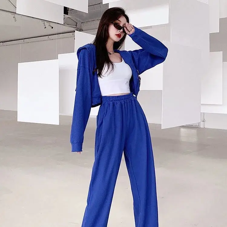 

Two-Piece Sports Waffle Long-Sleeved Top High-Waisted Wide-Leg Sweatpants Women Spring Autumn New Loose Casual Design Suit