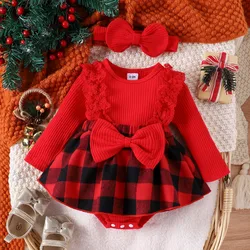 0 to 12 Months Christmas Infant Baby Girls Bodysuit Dress Plaid Patchwork Long Sleeve Round Neck Lace Jumpsuit + Headband