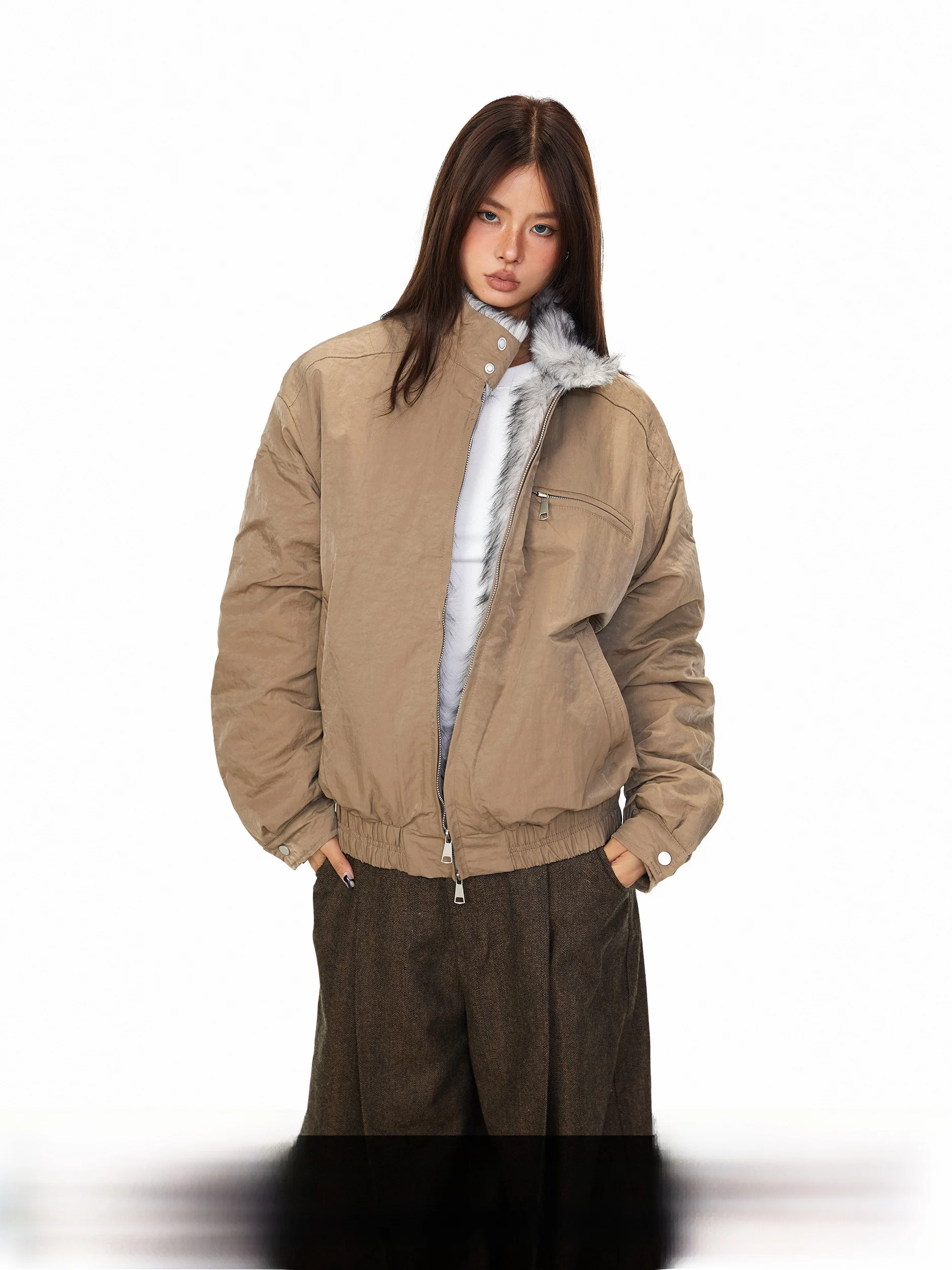 

Blabb Mountain Eagle Zipper Collar Workwear Jaet Thiened Loose Fit Warm Outerwear Retro American Sle Cotton Coat