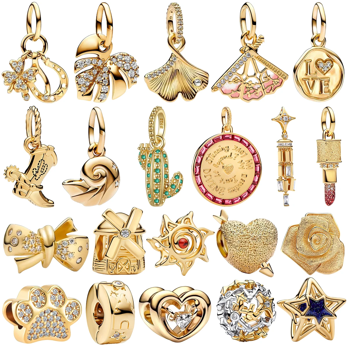 S925 Silver Golden Charms Beads Clover Horseshoe Ginkgo Fan Conch Cactus Lipstick Windmill Star Pendant Fit Bracelet DIY Jewelry