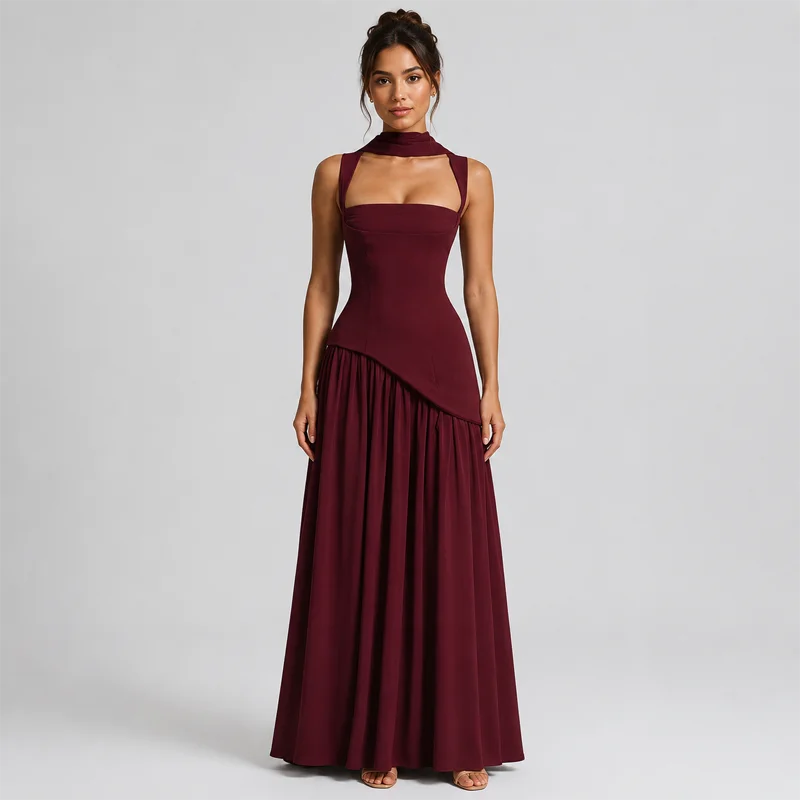 Image of Elegantes Maxikleid für Damen, braun, burgunderrot, quadratischer Ausschnitt, Schnürkorsett, hoher Schlitz, fließendes langes Kleid, Abendparty, Hochzeitsgast
