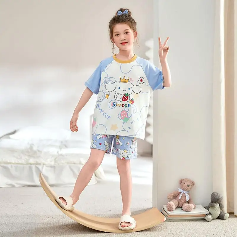 Sanrio Cinnamoroll Piyama Setelan Katun Murni Musim Panas Kaus Anak Perempuan Celana Pendek Nyaman Santai Kartun Kawaii Anime Pakaian Gaya Baru