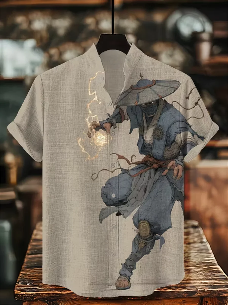 

Pan Asian cultural style men's short sleeved linen shirt, digital printing, casual and comfortable, fashionable dressing