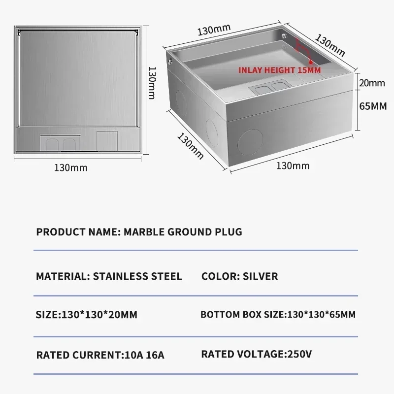 Floor Box Outlet, Hidden, UK US EU BR FR Standard Power USB HDMI RJ45 Socket, Embedded, Build-in, 130mm x 130mm