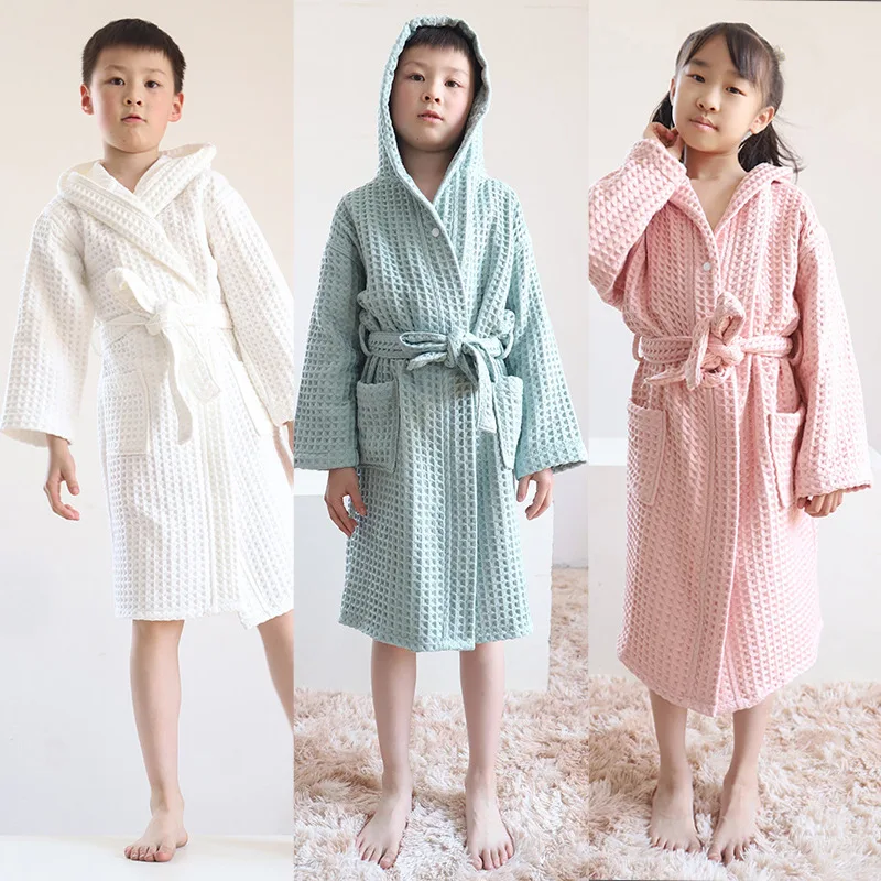 Kids Winter New 100% Cotton Kimono Double-deck Waffle Bathrobe Warm Bath Robe Boy Thick Nightwear Girl Water Uptake Sleepwear