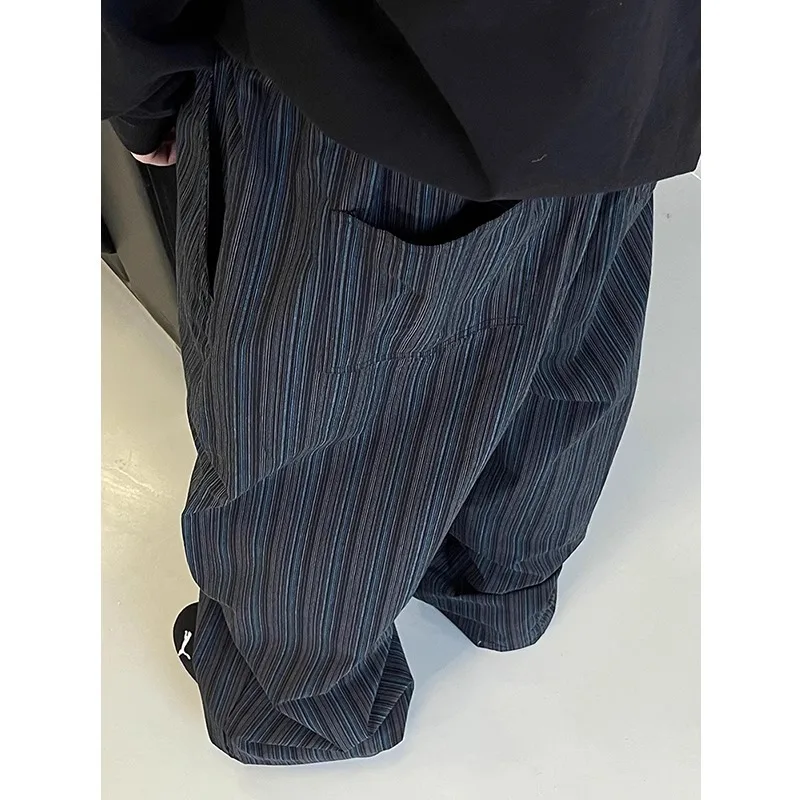 OIMG Autumn winter retro blue vertical stripe curved knife casual pants men can be tied dragged the ground wide leg long pants