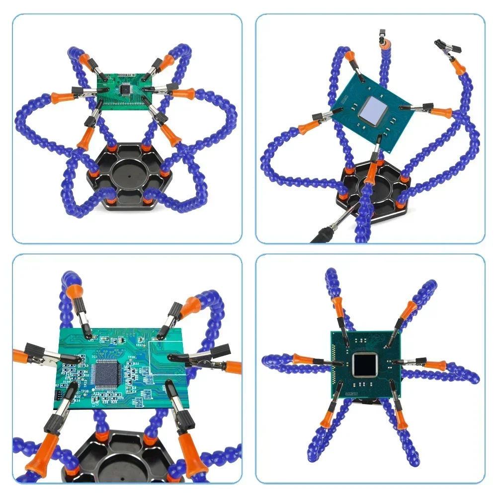 Estación de soldadura con seis brazos flexibles, herramienta de soldadura con Base de Metal, 6 soportes de ayuda para soldar, Base de aluminio para reparación