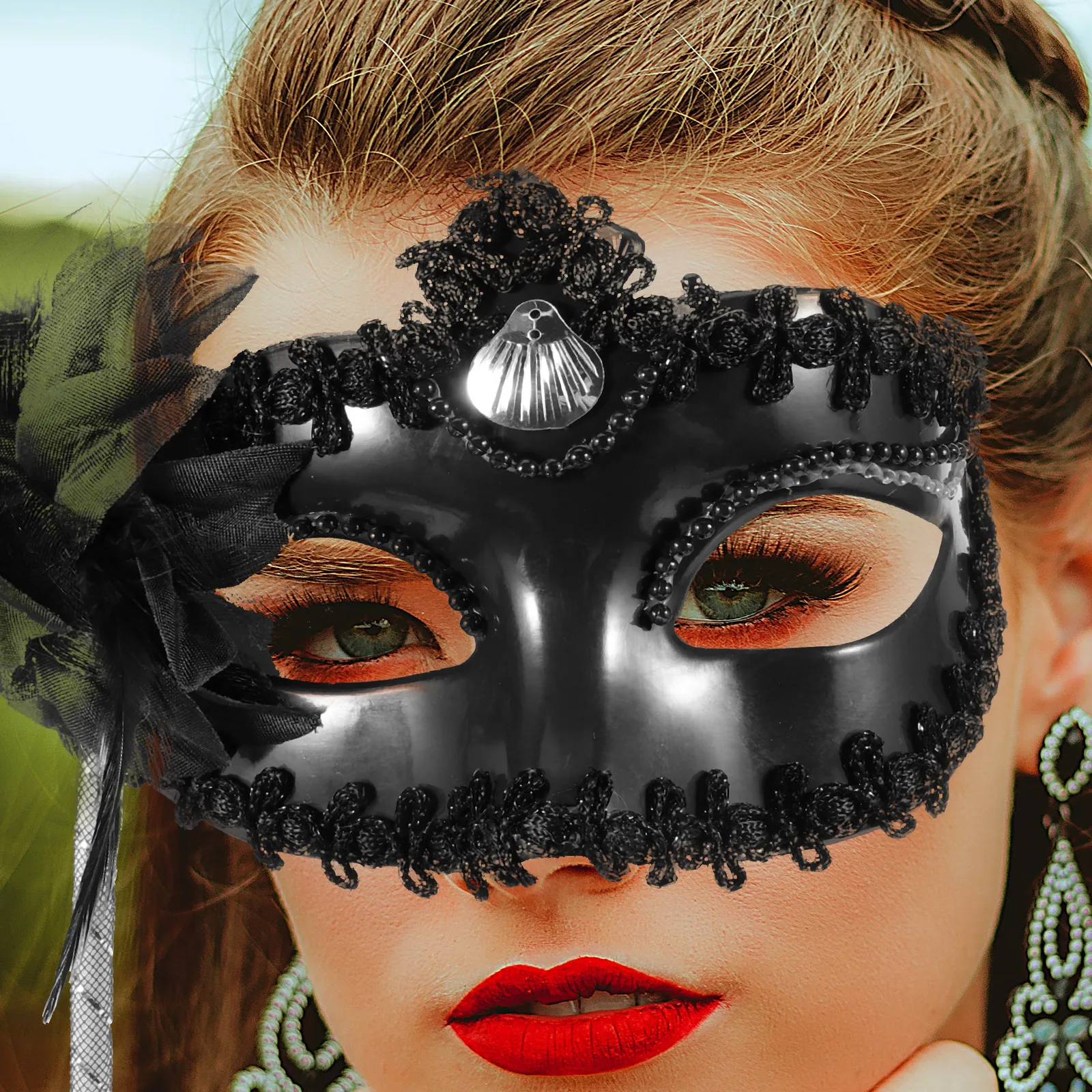 

Black Masquerade Mask with Stick Hand Halloween Gold Lace Held Cartoon Masks Miss