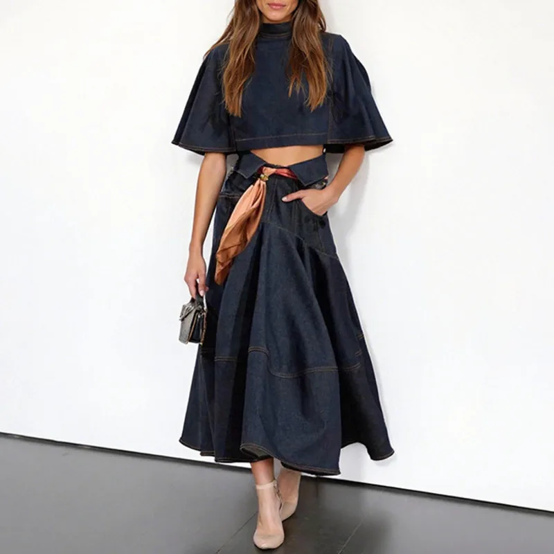 ANJY Autumn New Women Fashion Casual Two-Piece Set Cape Style Stand Collar Zipper Top High Waist Pleated Chic Denim Skirt A12157 image 6
