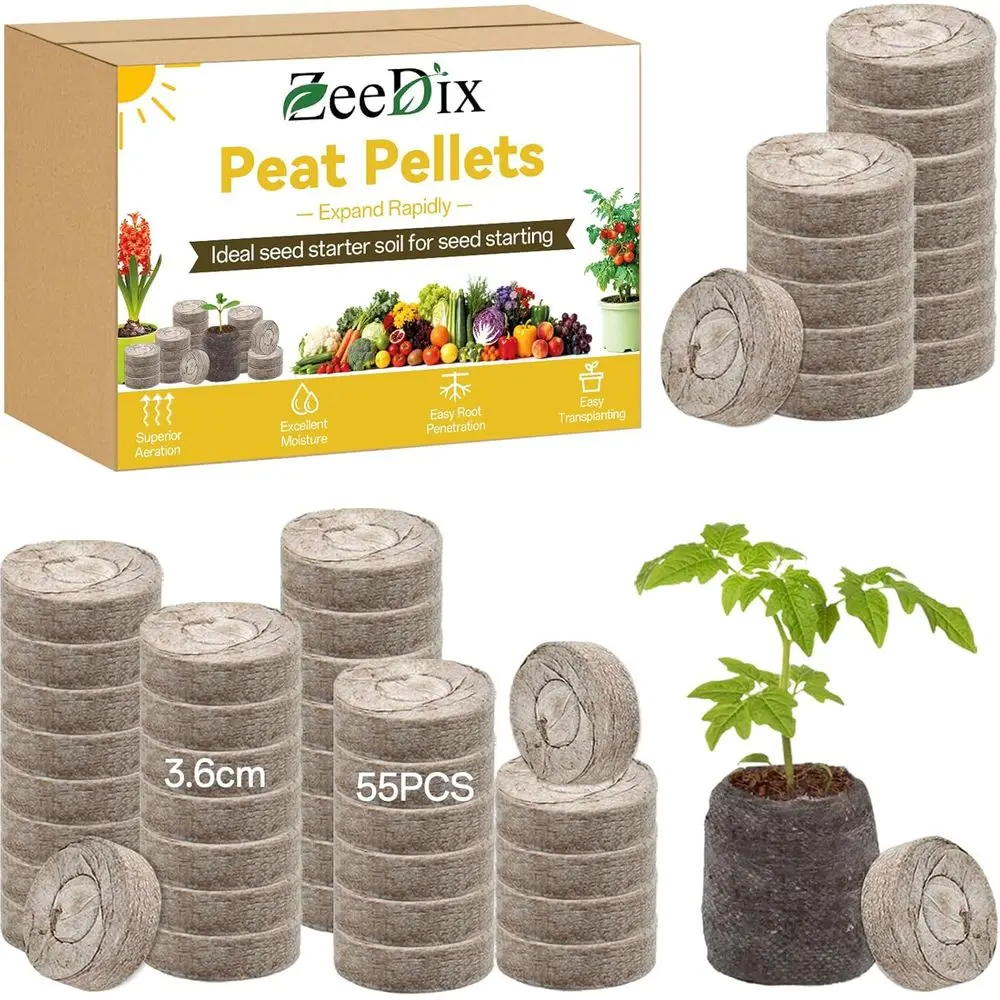 55Pcs 36mm Organic Seed Starter Peat Pellets | Easy Transplant, High Expansion, Peat Seed Starter Pods for Vegetables, Herbs, Fl