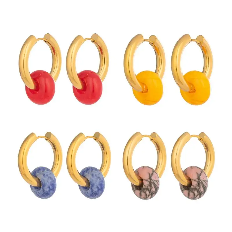 1 Pair Gold Plated Hoop Earrings with Colorful Natural Stone Pendants Casual for Weekend Outing Wear Jewelry