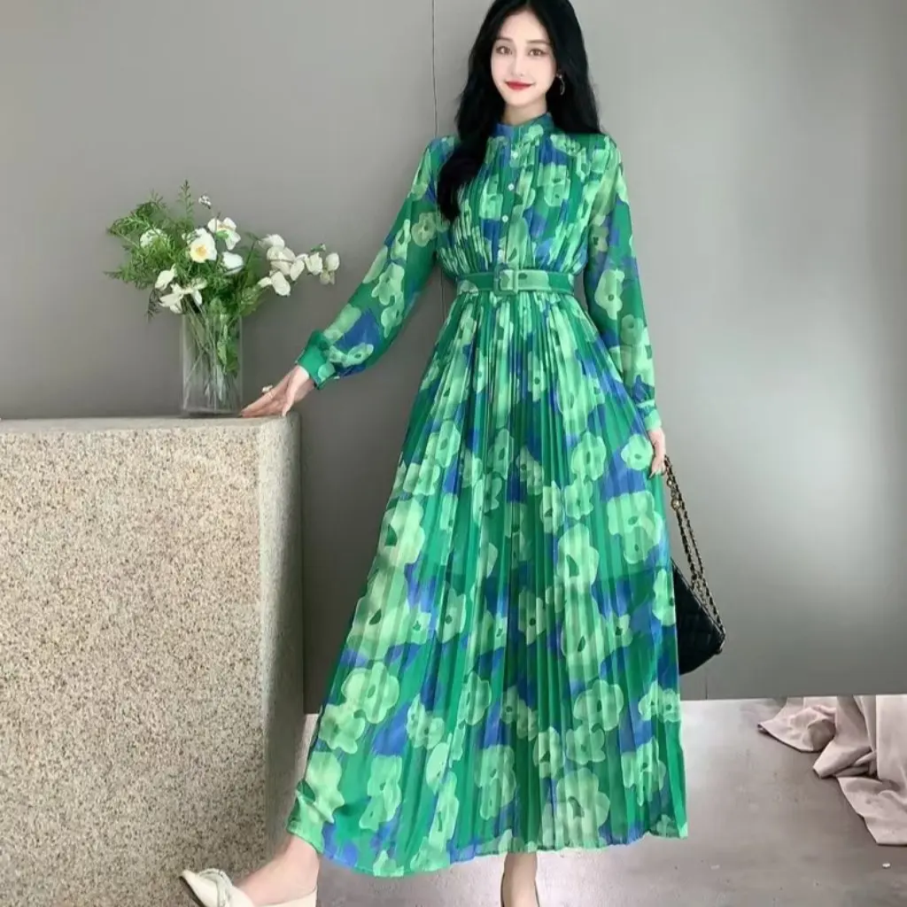 Vestido de gasa ajustado con mangas abullonadas de estilo francés para mujer con estampado floral drapeado plisado para otoño resistente de alta calidad