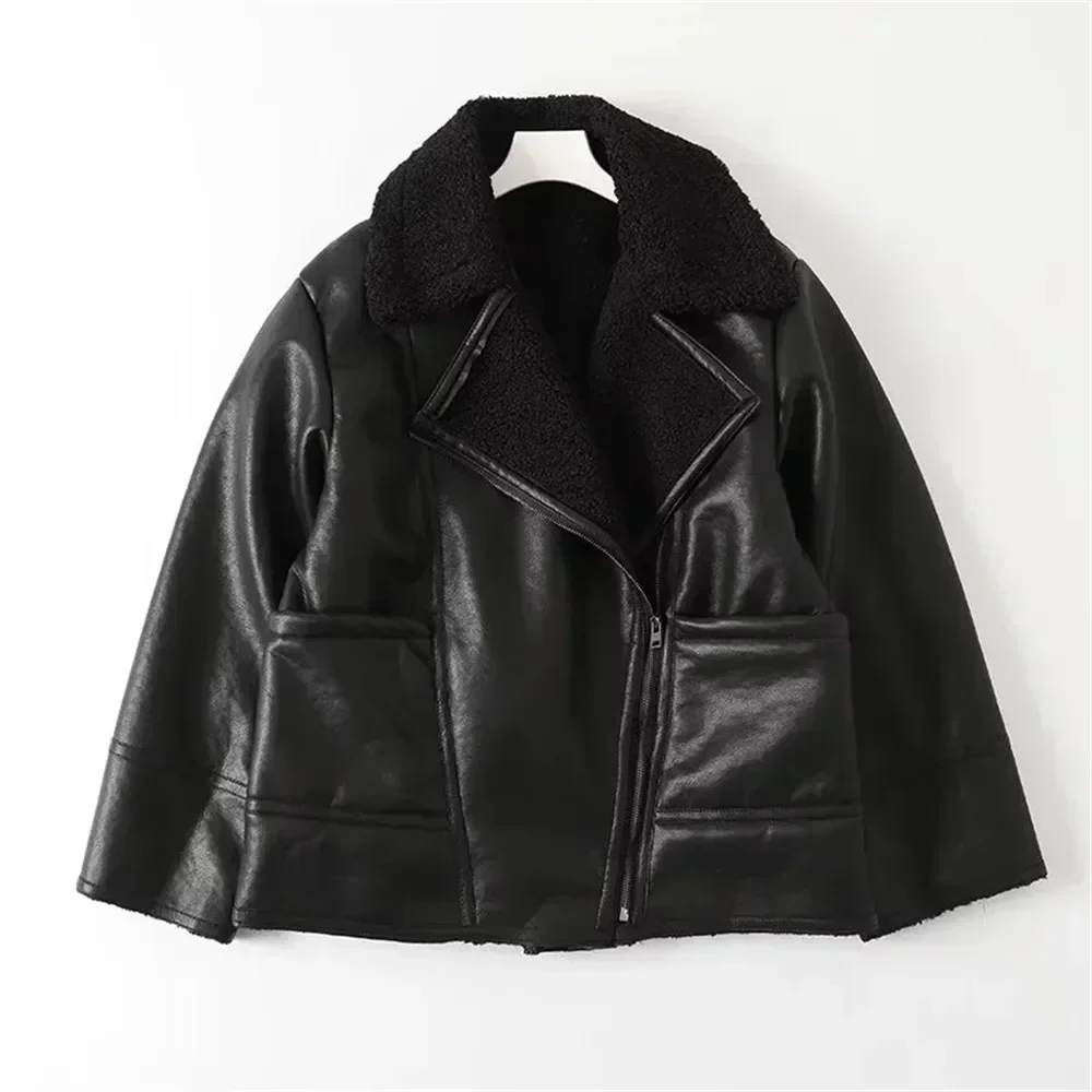 Autumn Winter Women Warm Black Zipper Faux Leather Jacket Coat Loose Turn Down Collar Thickness Overcoat Female Outwear