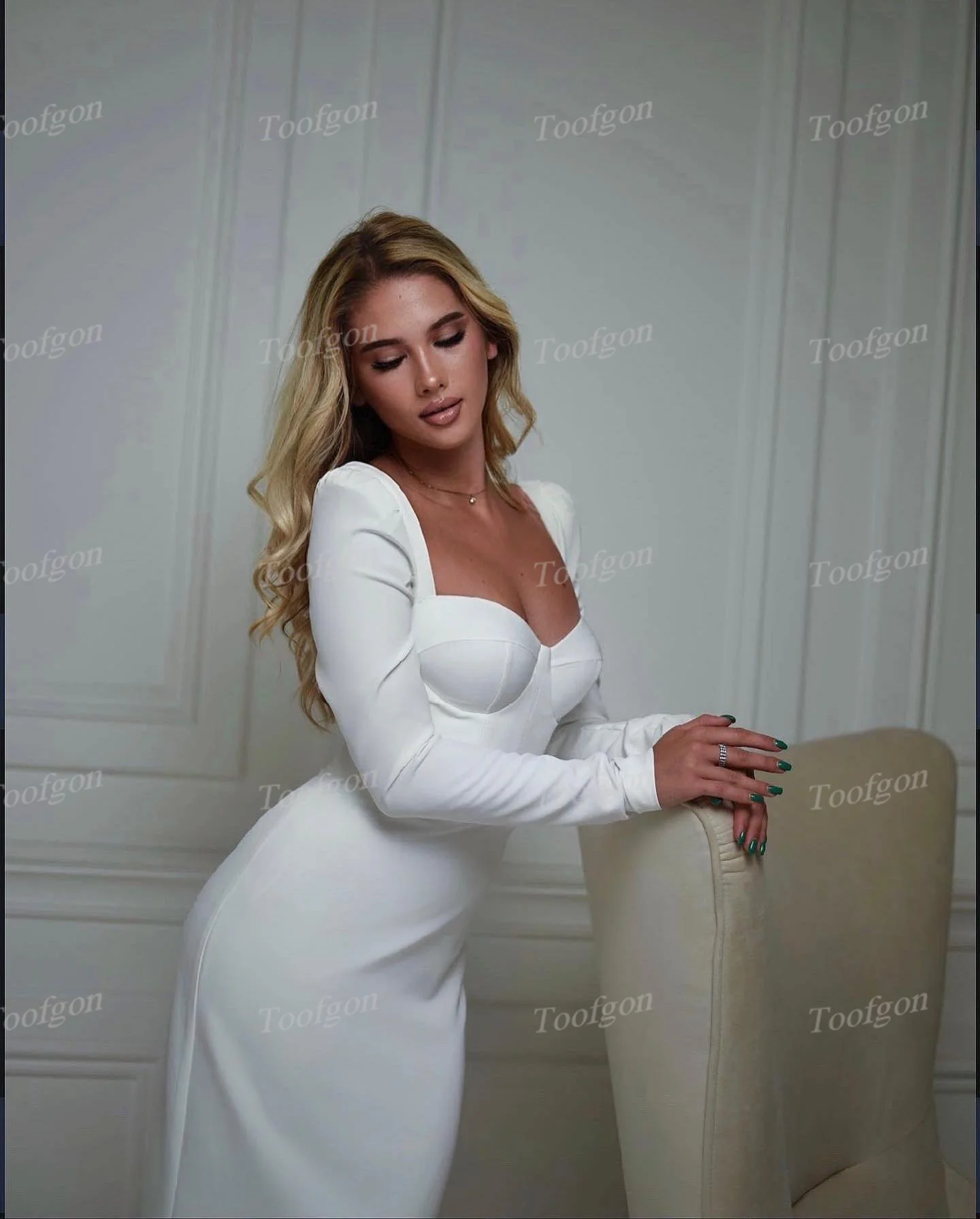 Toofgon Mermaid Stretch Satin Bridal Dresses Overskirt Long Sleeves Sweetheart Lace Up Fishtail Formal Bride Party Wedding Dress