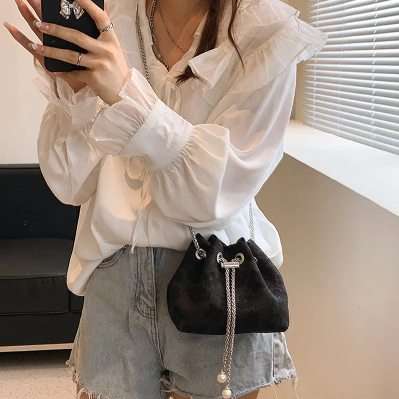 Artificial Leather Campus Unisex Small Handbag Shoulder Crossbody Bags Bucket Chain Mini Female Purse