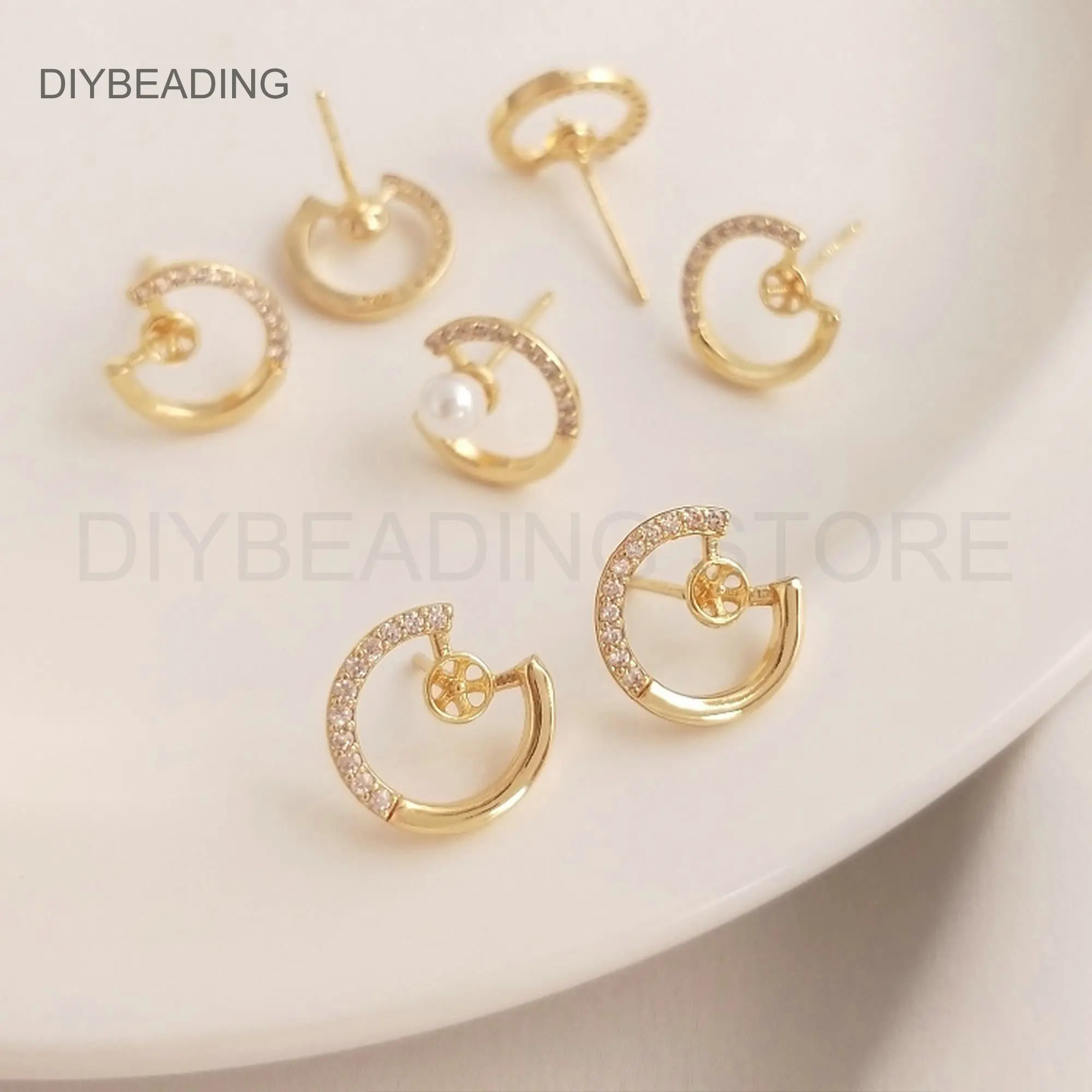 Women Earring Component 14K Gold Plated Blank Stud Setting CZ Earring Post with Cup Peg for Half Drilled Beads (925 Silver Pin)