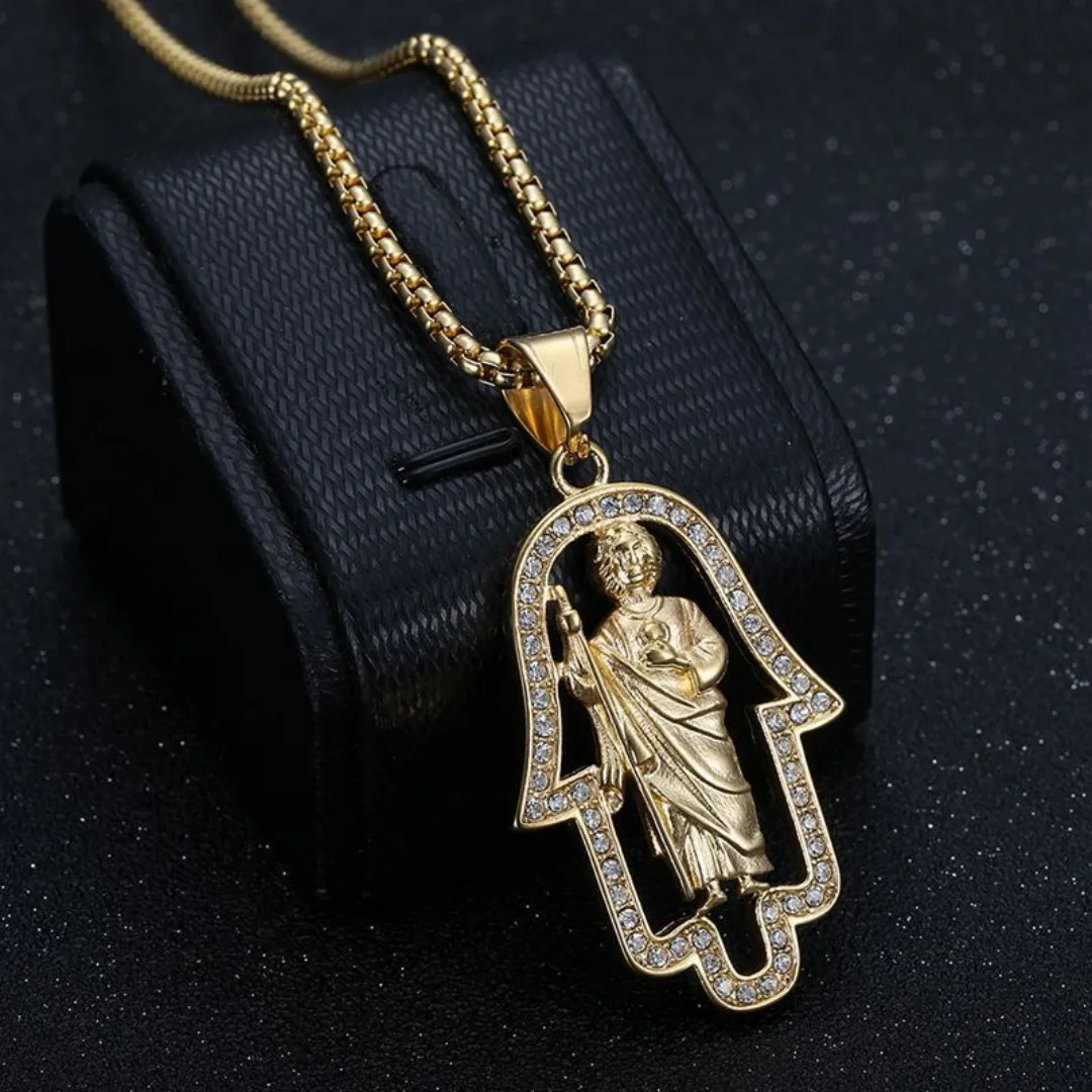 Hip Hop Saint Jude Hamsa Hand of Fatima Pendant Gold Silver Color Stainless Steel Palm Amulet Necklace for Woman Man Jewelry