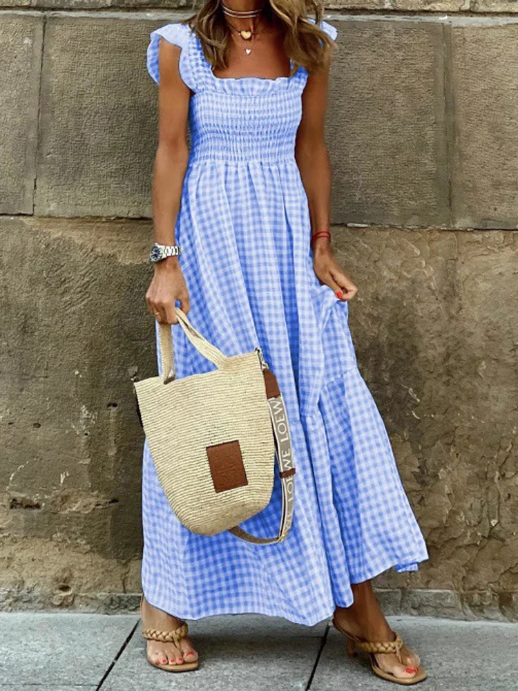 Robe longue Maxi à carreaux pour femmes, élégante, sans bretelles, à volants, dos nu, plissée, taille élastique, style Boho, robes de soirée, amples, été