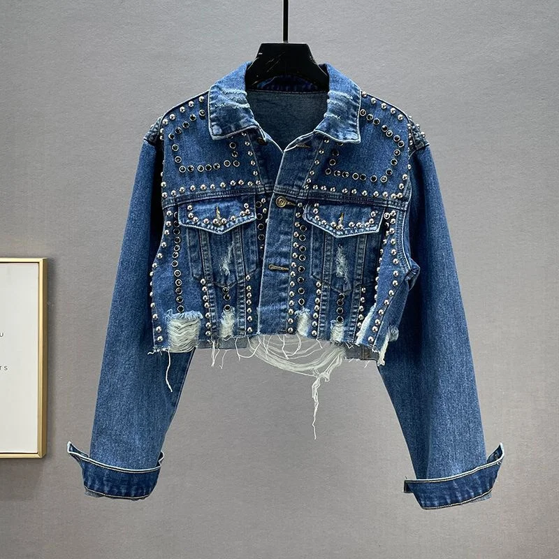 Vintage Heavy Metal Rivets Cropped Jacket Women Ripped Punk Coat Female Casual Single Breasted Denim Outerwear Y2K Streetwear