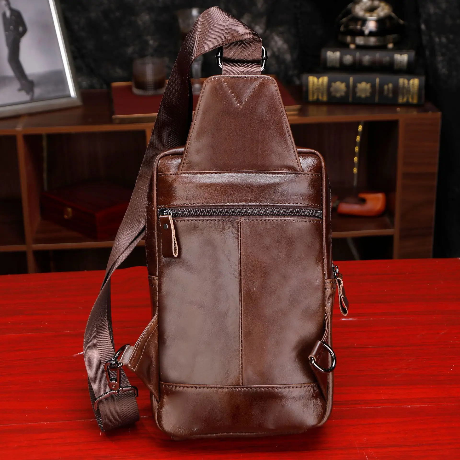 Top-Grain Leather Crossbody Bag for Men - Multi-Compartment Cashier Work Chest Bag